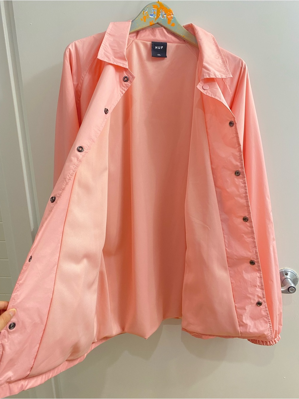 HUF Jacket Men 2XL Pink Nylon Snap Button Waterproof Lightweight Windbreaker - Picture 6 of 10